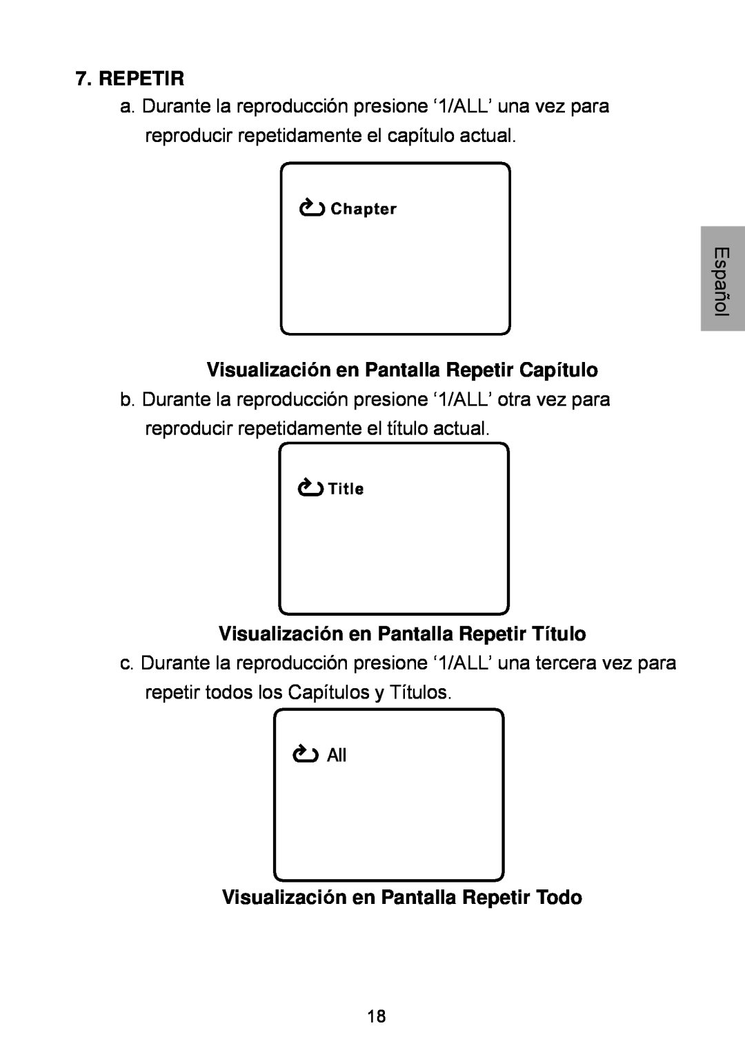 Audiovox D1929B manual Visualización en Pantalla Repetir Título, Visualización en Pantalla Repetir Todo 