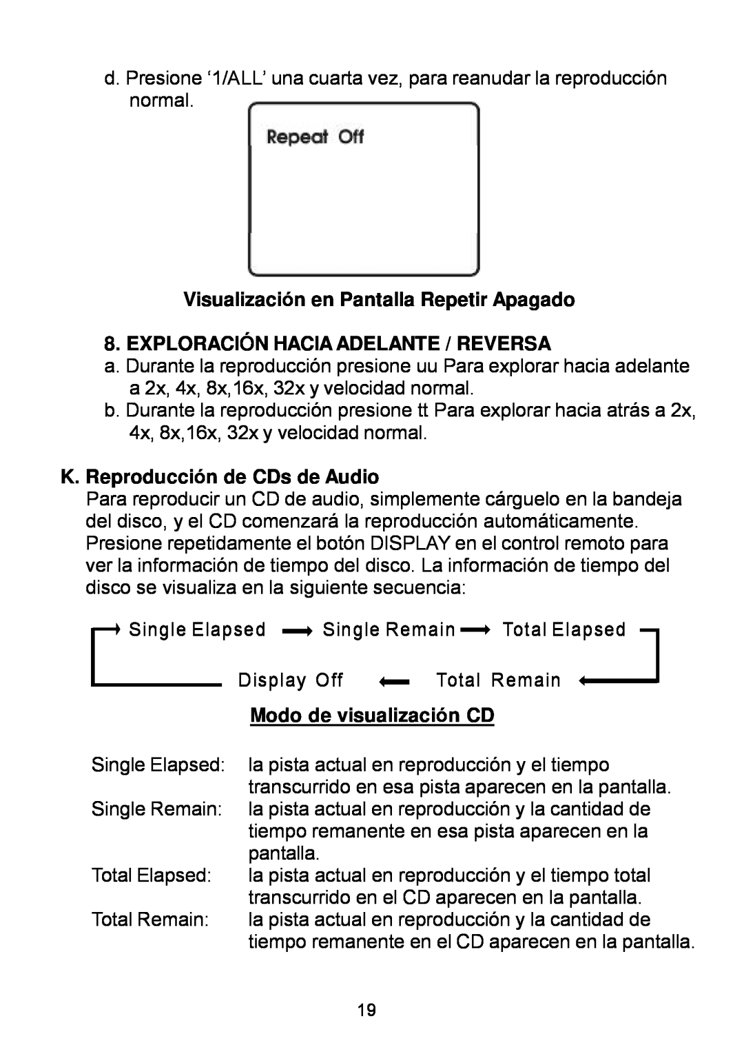 Audiovox D1929B Visualización en Pantalla Repetir Apagado, Exploración Hacia Adelante / Reversa, Modo de visualización CD 