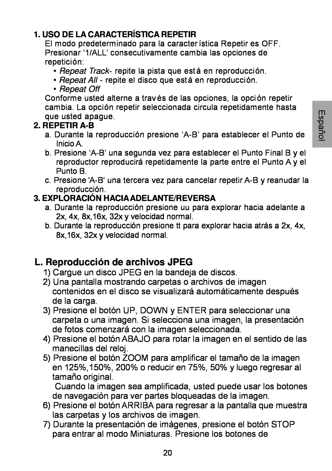 Audiovox D1929B manual L. Reproducción de archivos JPEG, Uso De La Característica Repetir, Repetir A-B 