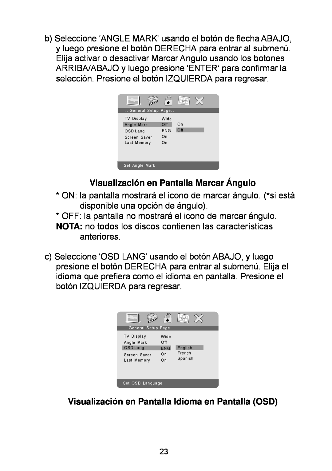 Audiovox D1929B manual Visualización en Pantalla Marcar Ángulo, Visualización en Pantalla Idioma en Pantalla OSD 