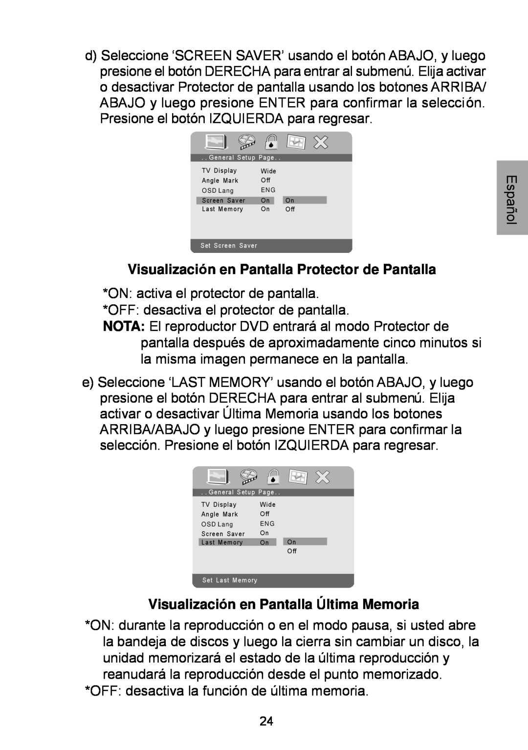 Audiovox D1929B manual Visualización en Pantalla Protector de Pantalla, Visualización en Pantalla Última Memoria 