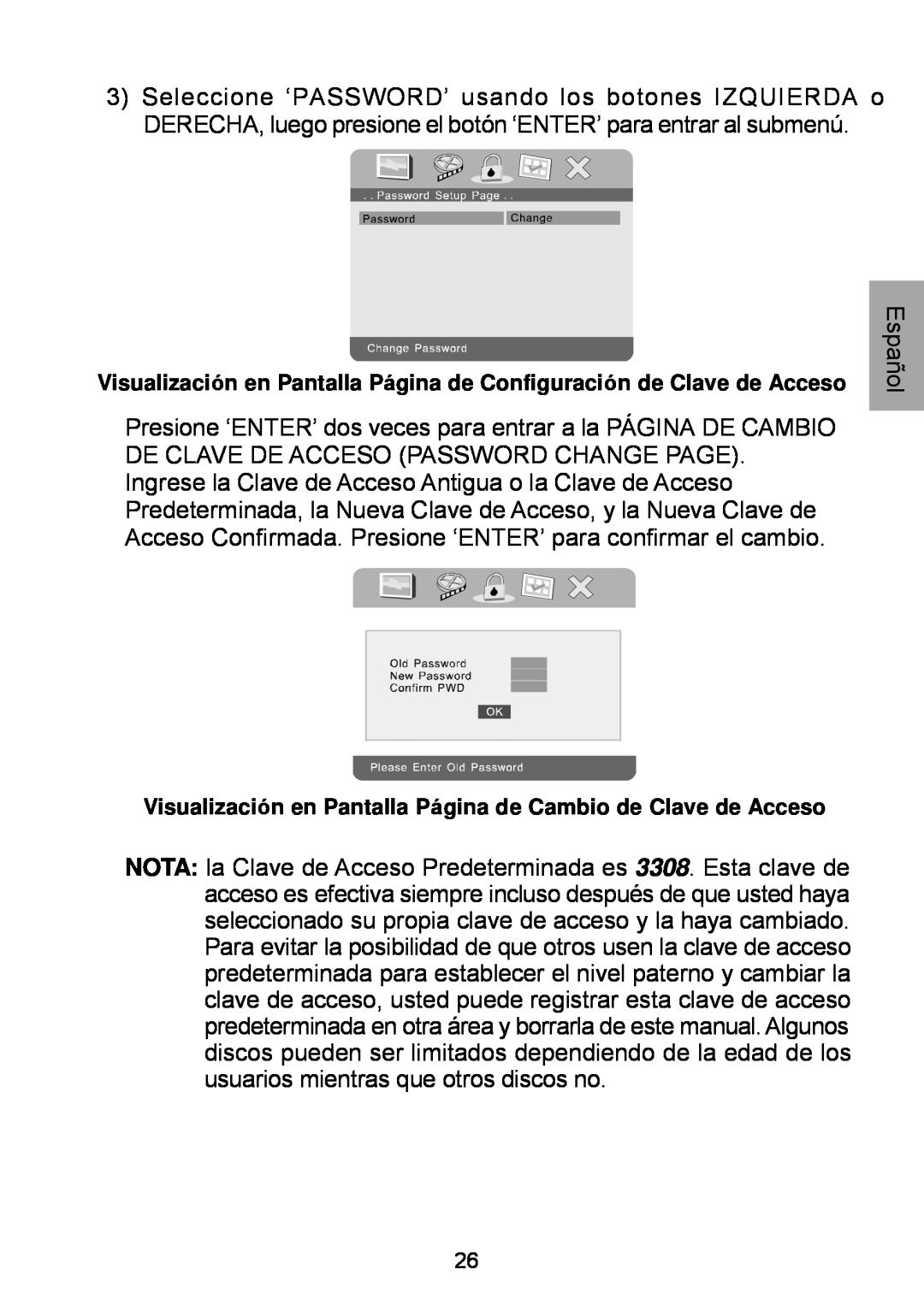 Audiovox D1929B manual Visualización en Pantalla Página de Configuración de Clave de Acceso 