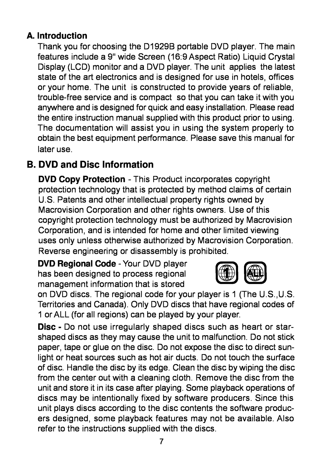 Audiovox D1929B manual B. DVD and Disc Information, A. Introduction, DVD Regional Code - Your DVD player 