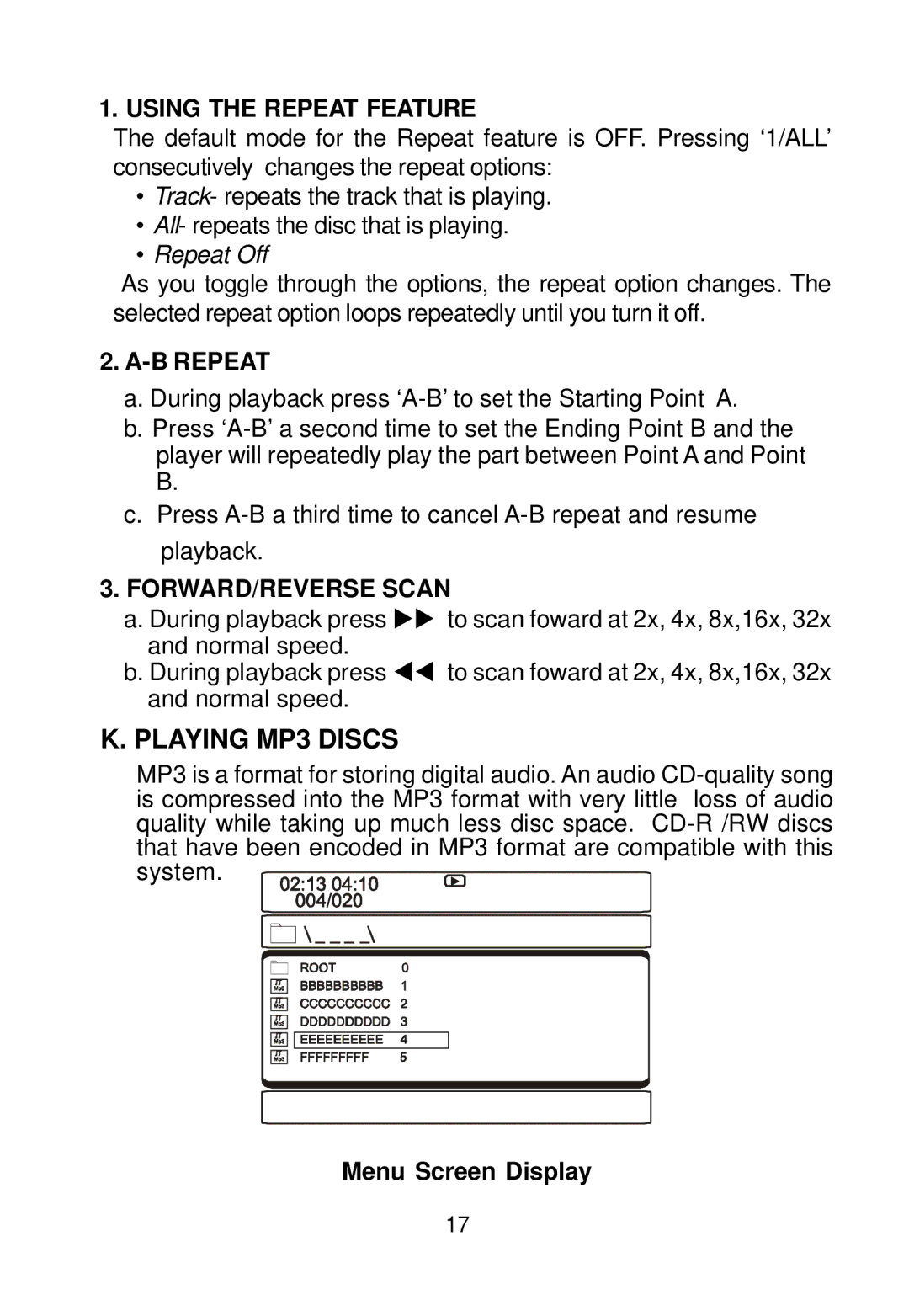 Audiovox D1988 manual Using the Repeat Feature, Menu Screen Display 