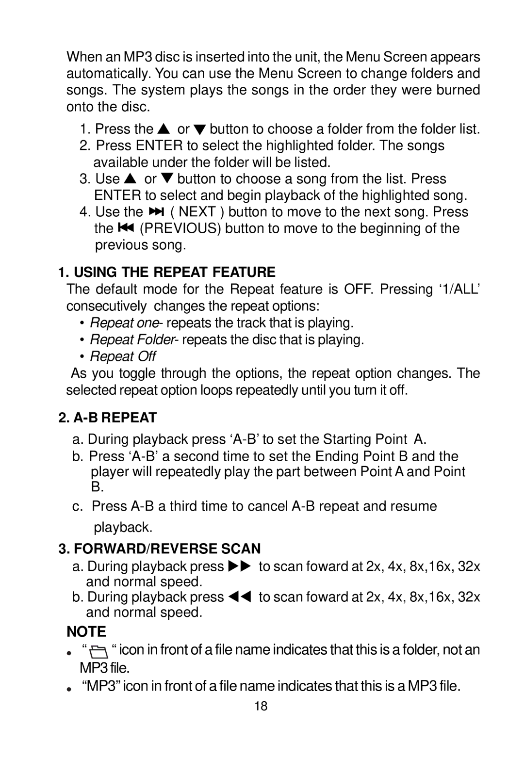 Audiovox D1988 manual Using the Repeat Feature 