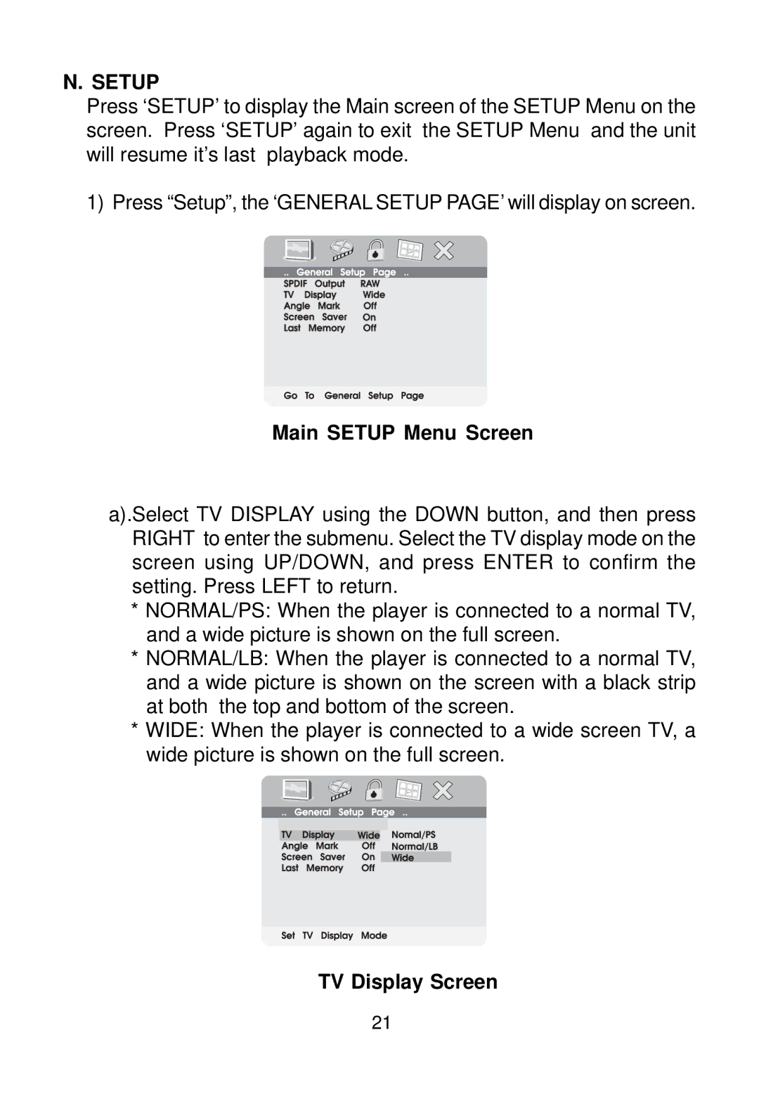 Audiovox D1988 manual Main Setup Menu Screen, TV Display Screen 