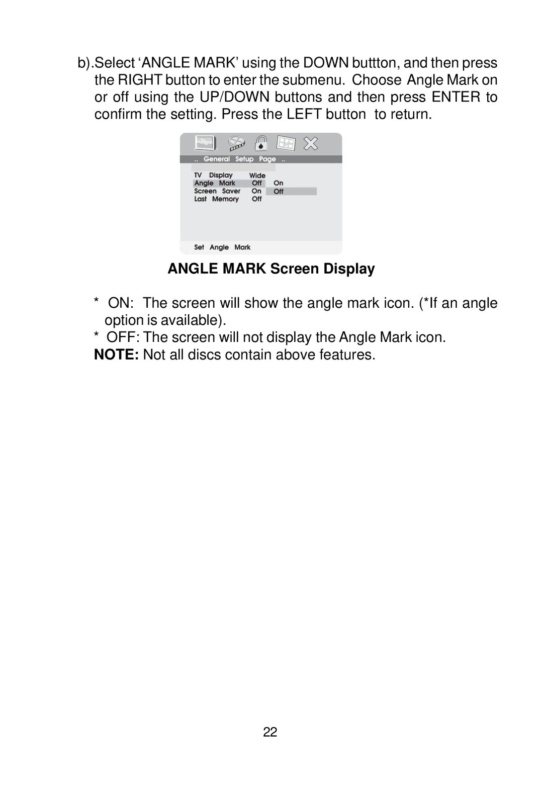 Audiovox D1988 manual Angle Mark Screen Display 