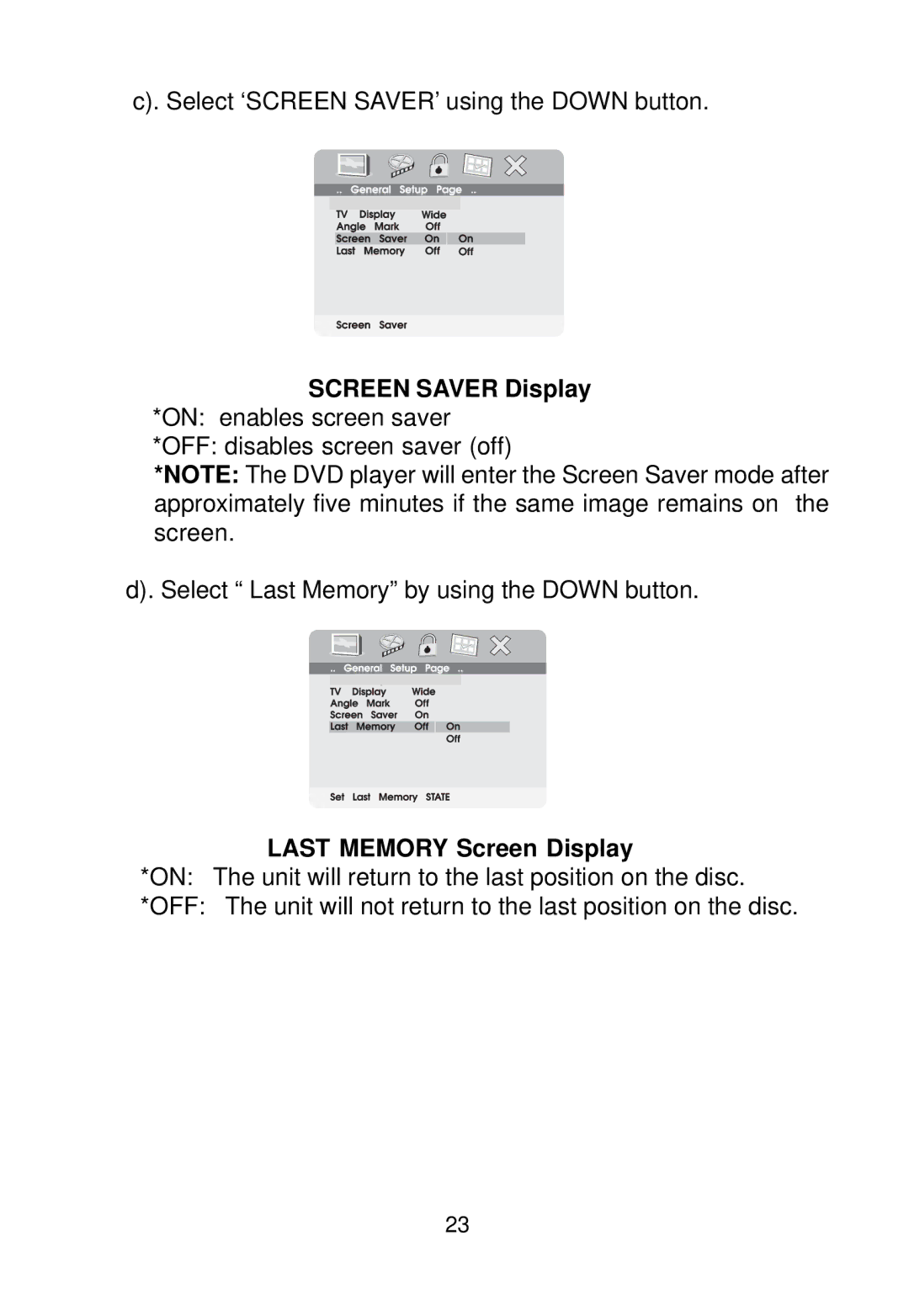 Audiovox D1988 manual Screen Saver Display, Last Memory Screen Display 