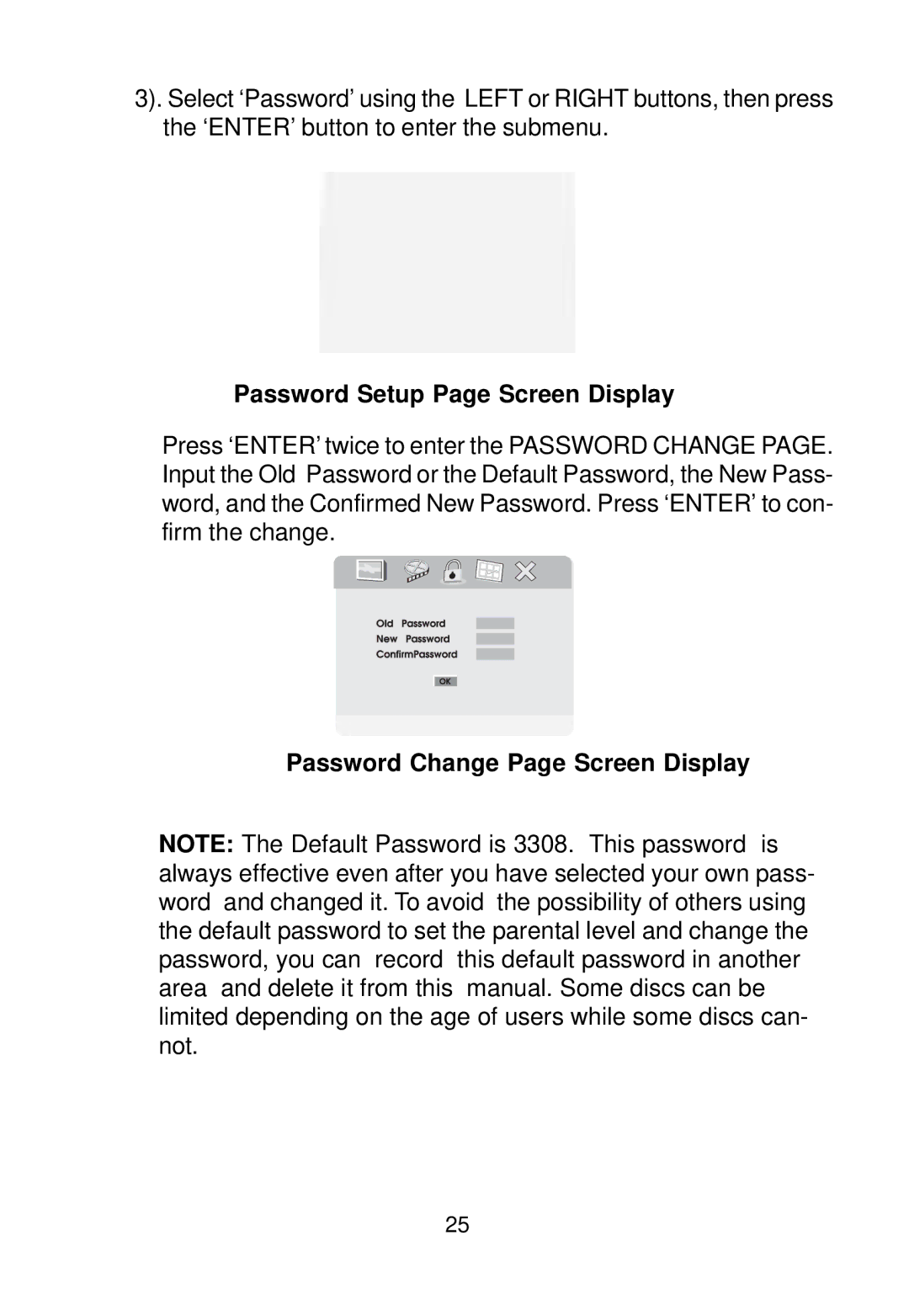 Audiovox D1988 manual Password Setup Page Screen Display, Password Change Page Screen Display 