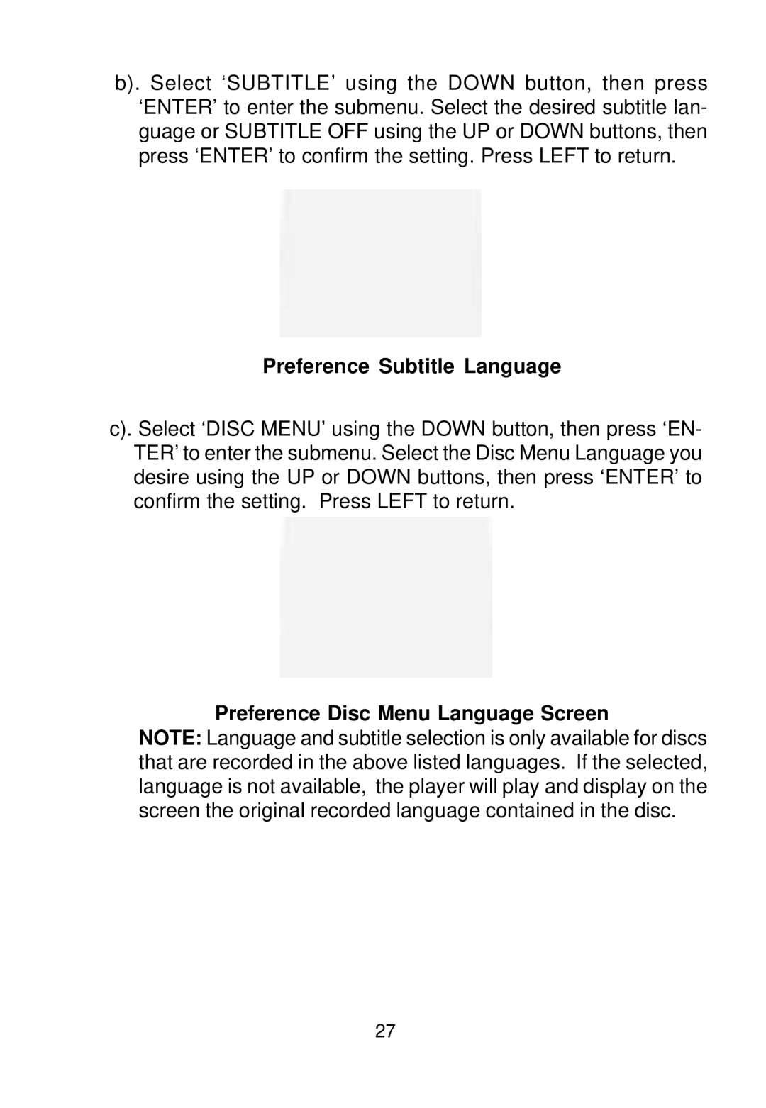 Audiovox D1988 manual Preference Subtitle Language, Preference Disc Menu Language Screen 