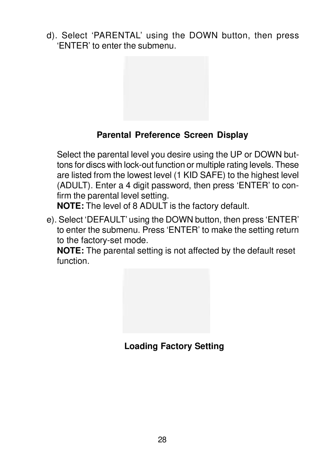 Audiovox D1988 manual Parental Preference Screen Display, Loading Factory Setting 