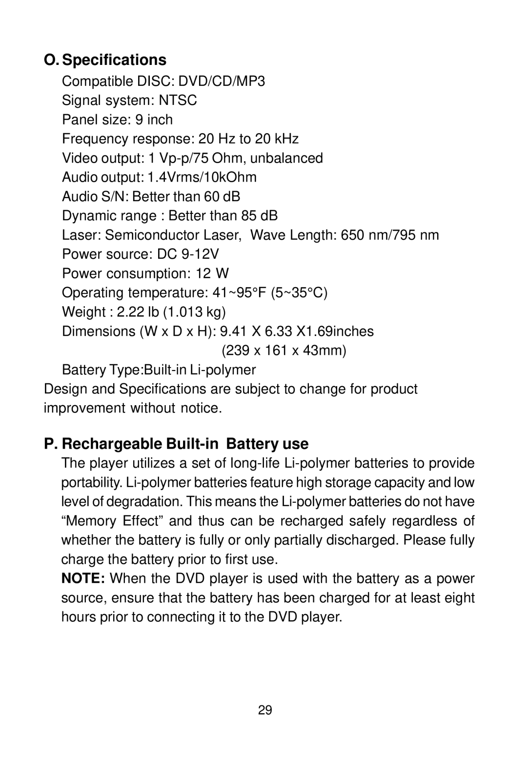 Audiovox D1988 manual Specifications, Rechargeable Built-in Battery use 