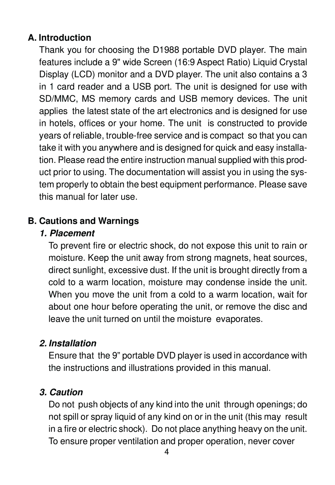 Audiovox D1988 manual Introduction, Placement 