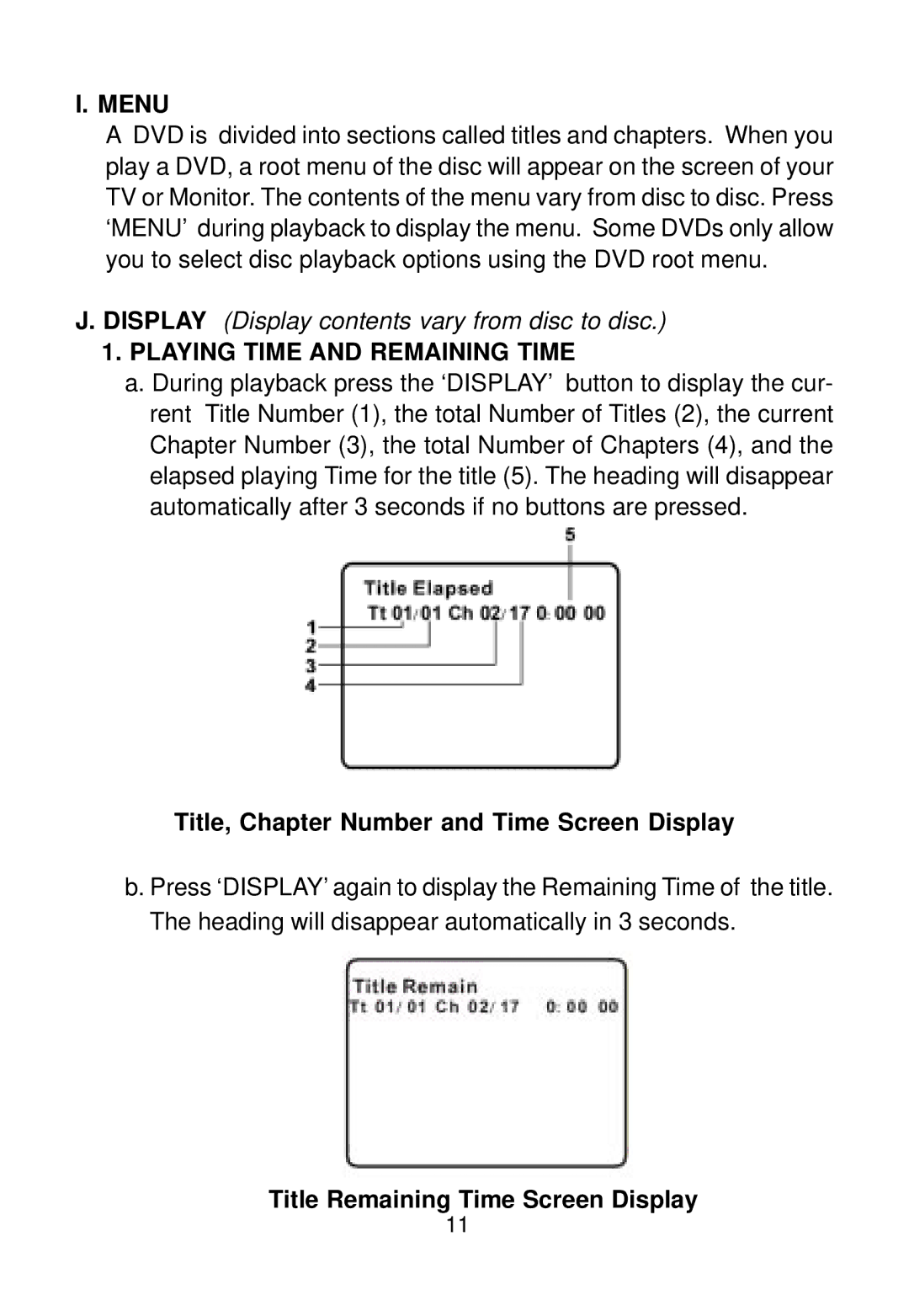 Audiovox D1988PK manual Menu, Playing Time and Remaining Time, Title, Chapter Number and Time Screen Display 