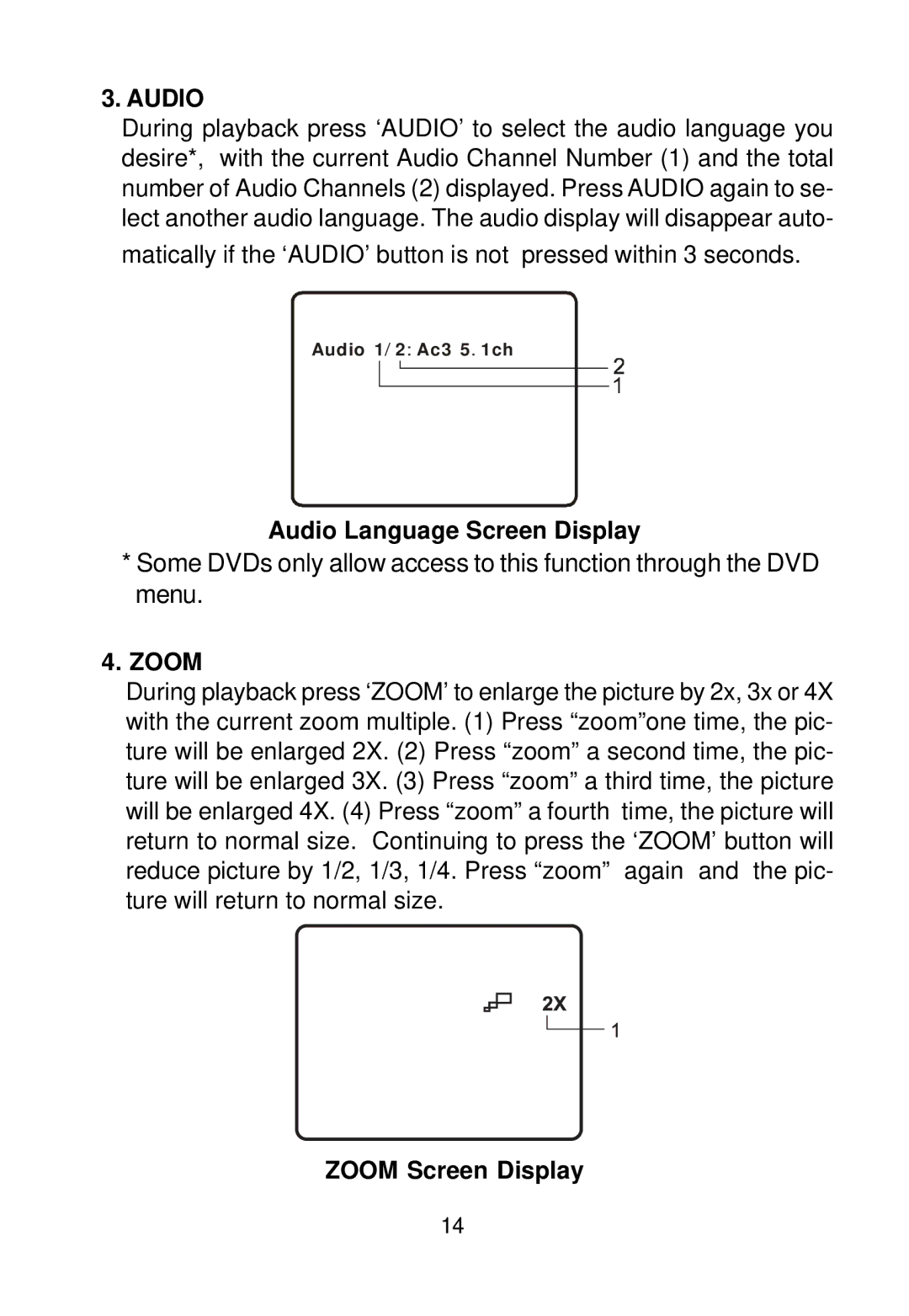 Audiovox D1988PK manual Audio Language Screen Display, Zoom Screen Display 