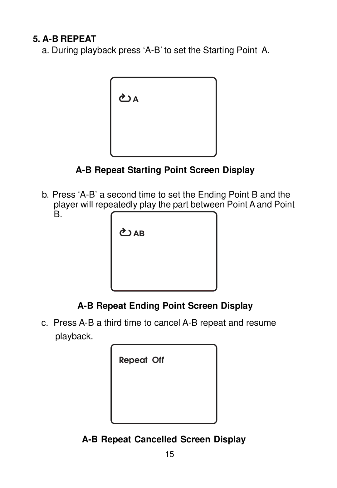 Audiovox D1988PK manual B Repeat, Repeat Starting Point Screen Display, Repeat Ending Point Screen Display 