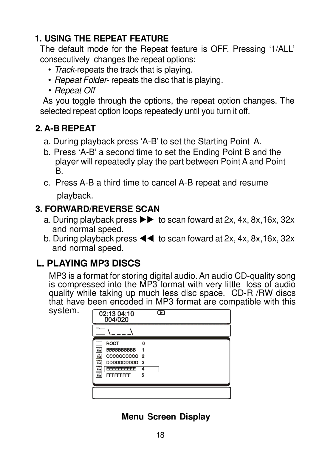 Audiovox D1988PK manual Using the Repeat Feature, Menu Screen Display 