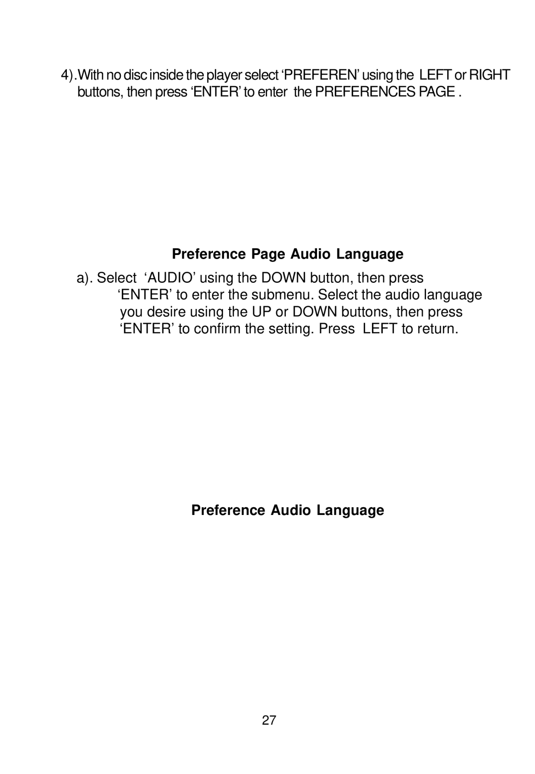 Audiovox D1988PK manual Preference Page Audio Language, Preference Audio Language 