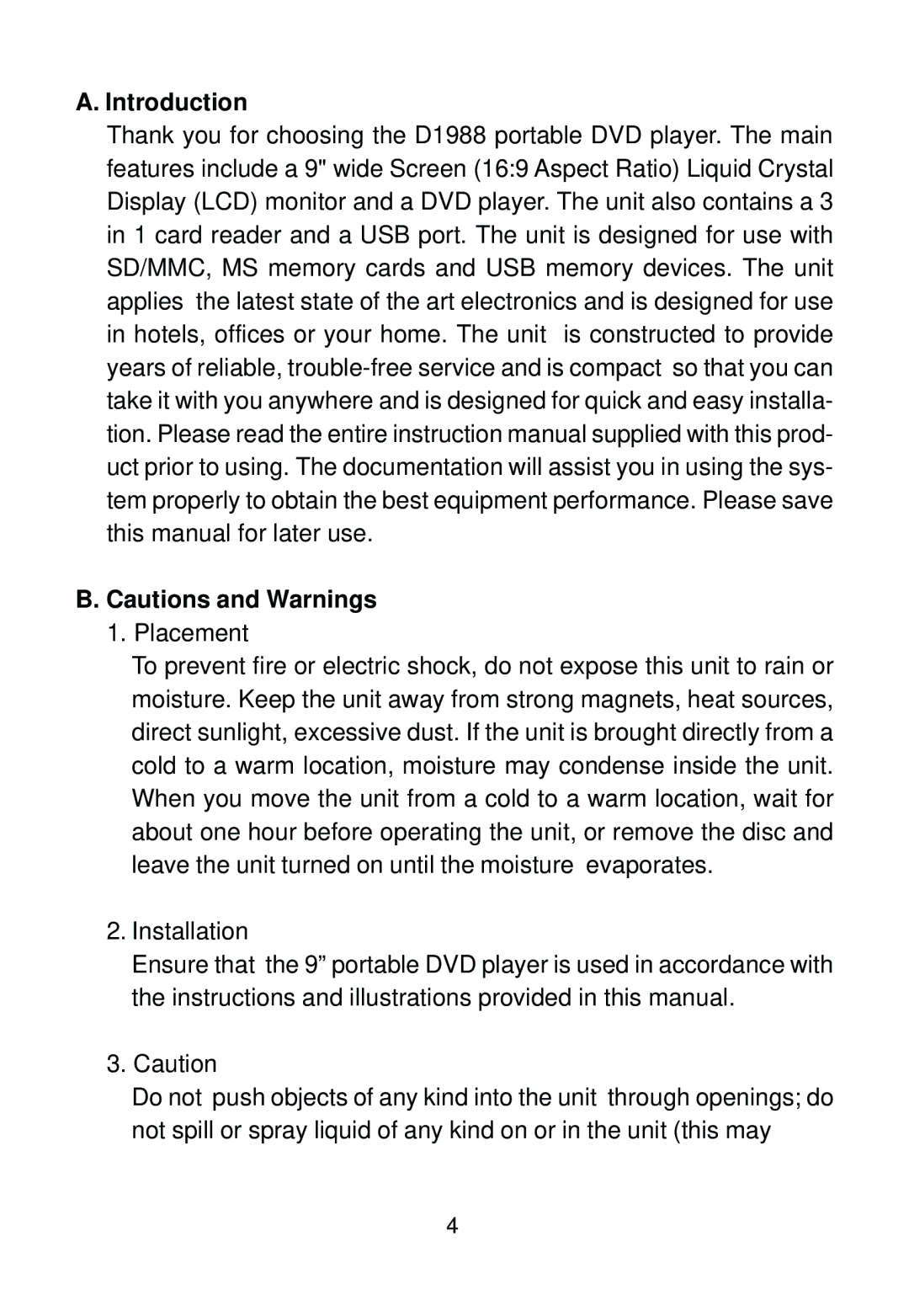 Audiovox D1988PK manual Introduction, Placement 