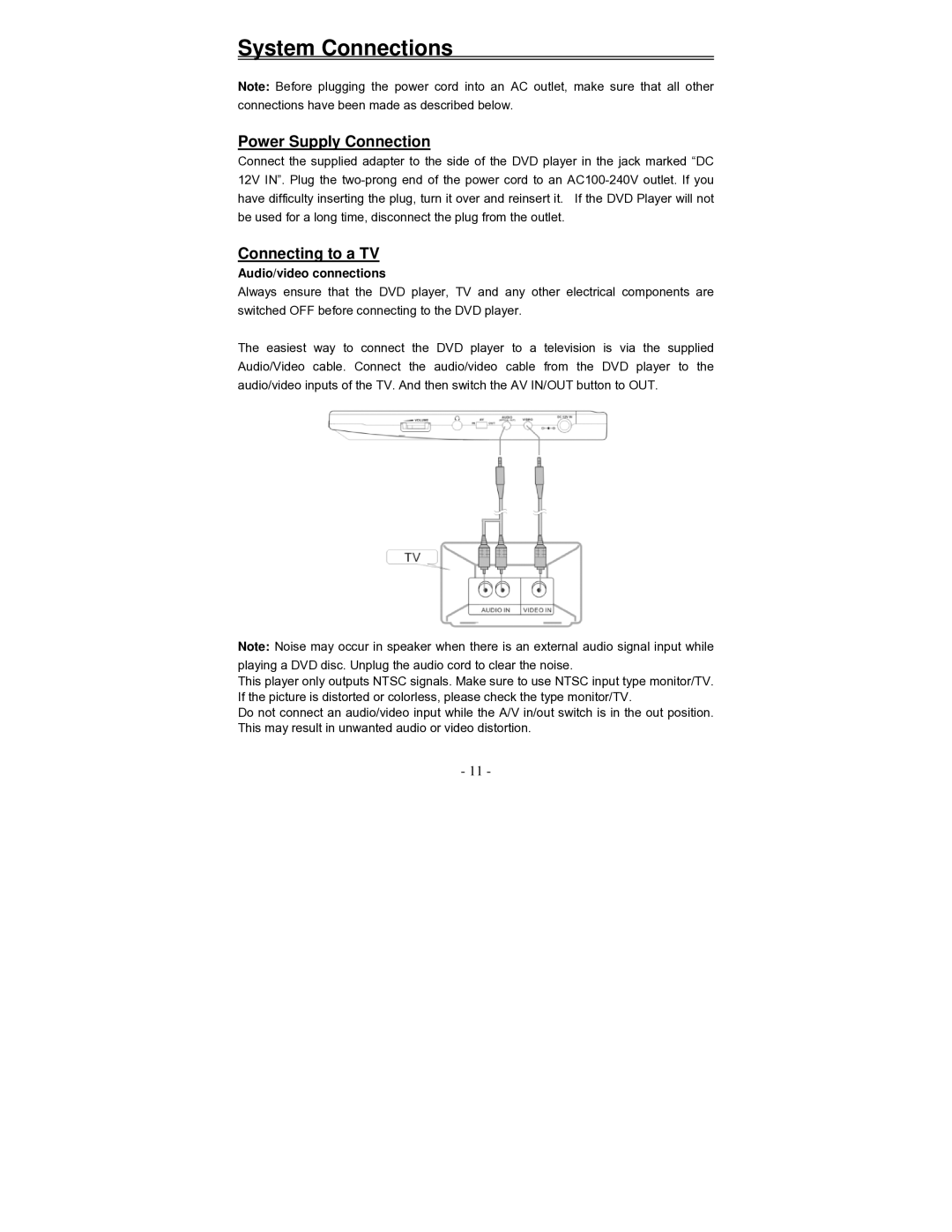 Audiovox D2010 owner manual System Connections, Power Supply Connection, Connecting to a TV, Audio/video connections 