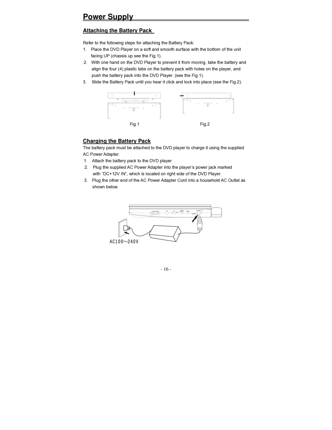 Audiovox D2010 owner manual Attaching the Battery Pack, Charging the Battery Pack 