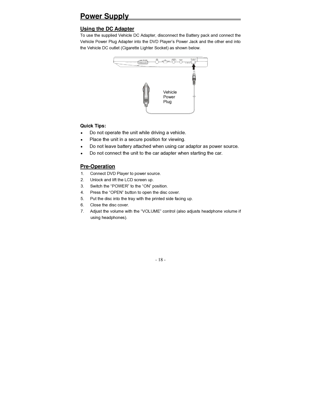 Audiovox D2010 owner manual Using the DC Adapter, Pre-Operation 