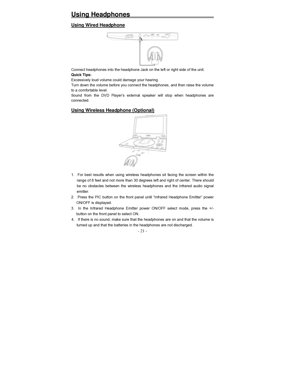 Audiovox D2010 owner manual Using Headphones, Using Wired Headphone, Using Wireless Headphone Optional, Quick Tips 