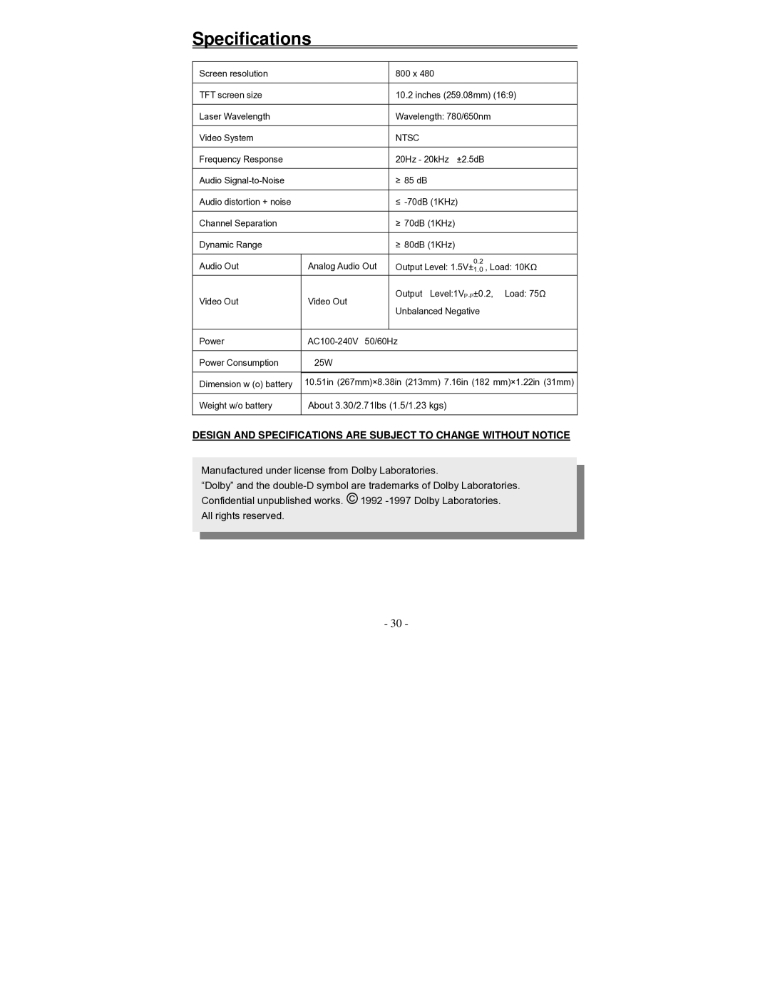 Audiovox D2010 owner manual Specifications, Ntsc 