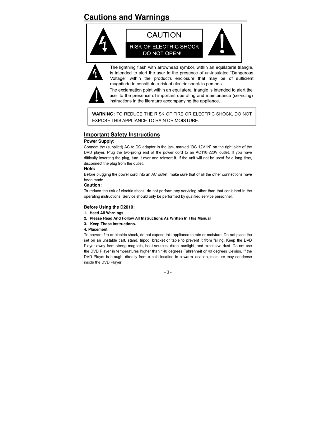 Audiovox owner manual Important Safety Instructions, Power Supply, Before Using the D2010 