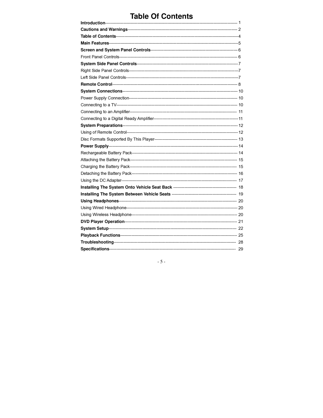 Audiovox D2010 owner manual Table Of Contents 