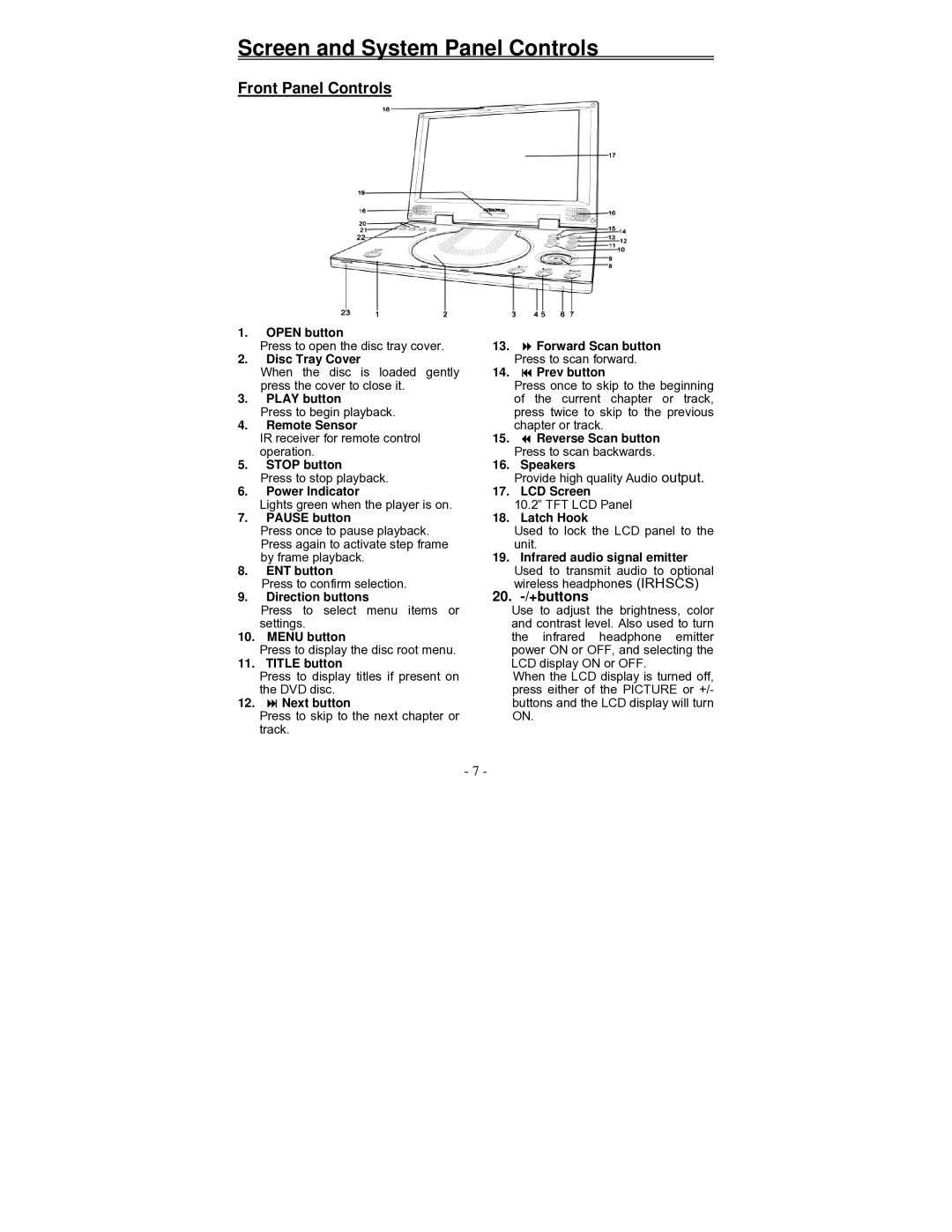 Audiovox D2010 owner manual Screen and System Panel Controls, Front Panel Controls 