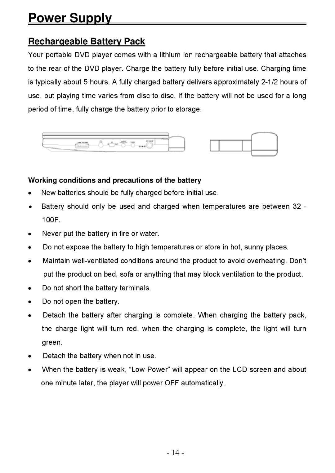 Audiovox D2011 owner manual Power Supply, Rechargeable Battery Pack, Working conditions and precautions of the battery 