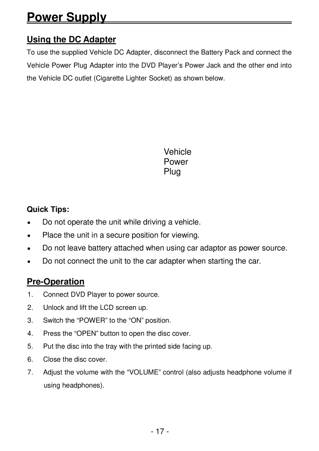 Audiovox D2011 owner manual Using the DC Adapter, Pre-Operation 