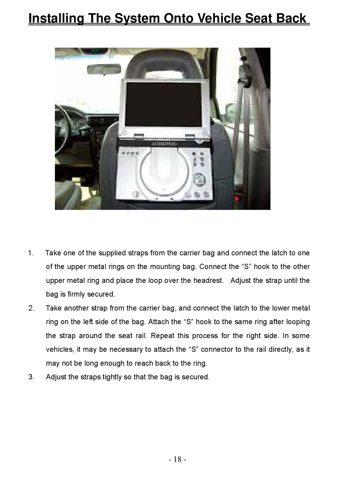 Audiovox D2011 owner manual Installing The System Onto Vehicle Seat Back 