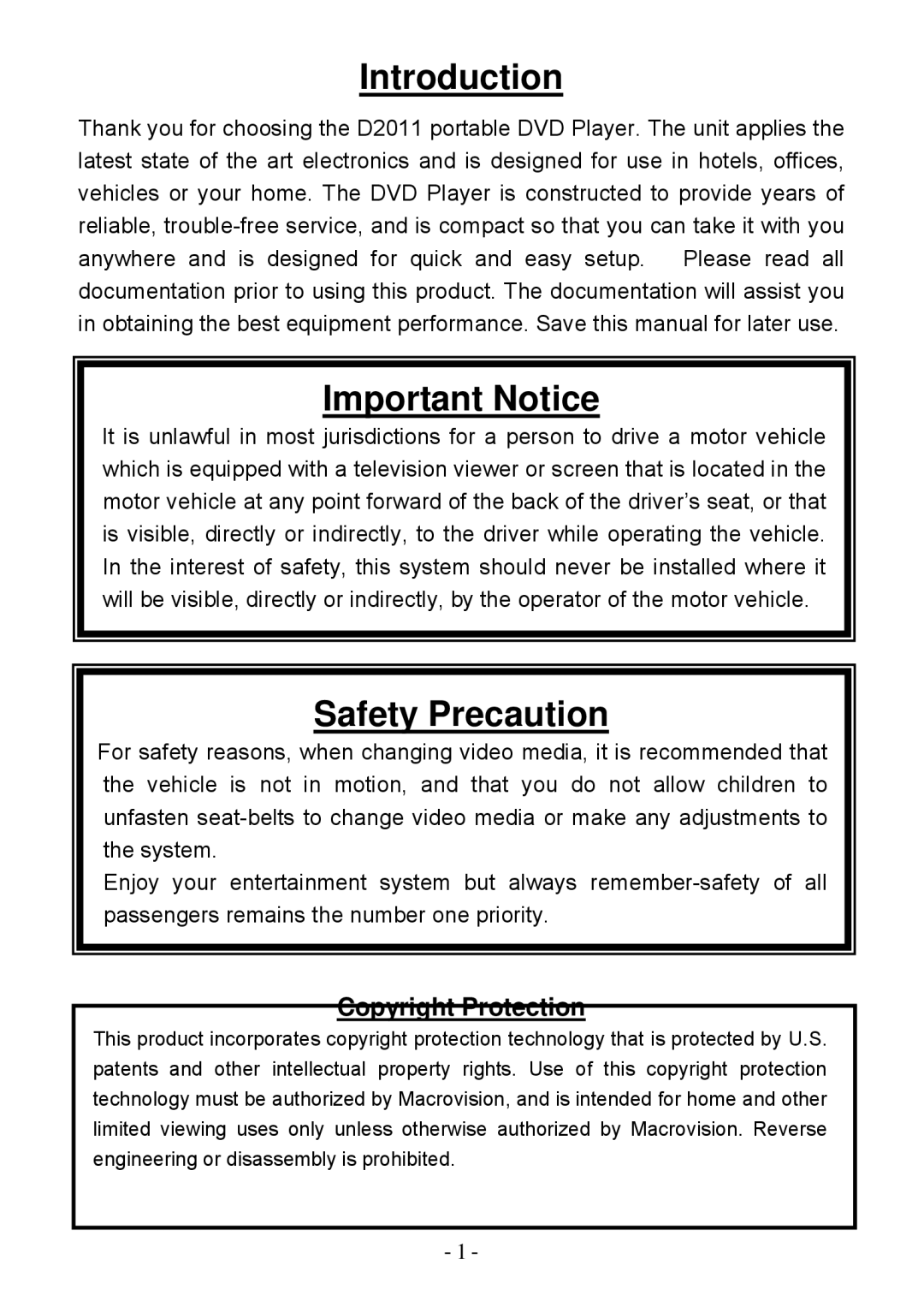 Audiovox D2011 owner manual Introduction, Important Notice, Safety Precaution, Copyright Protection 