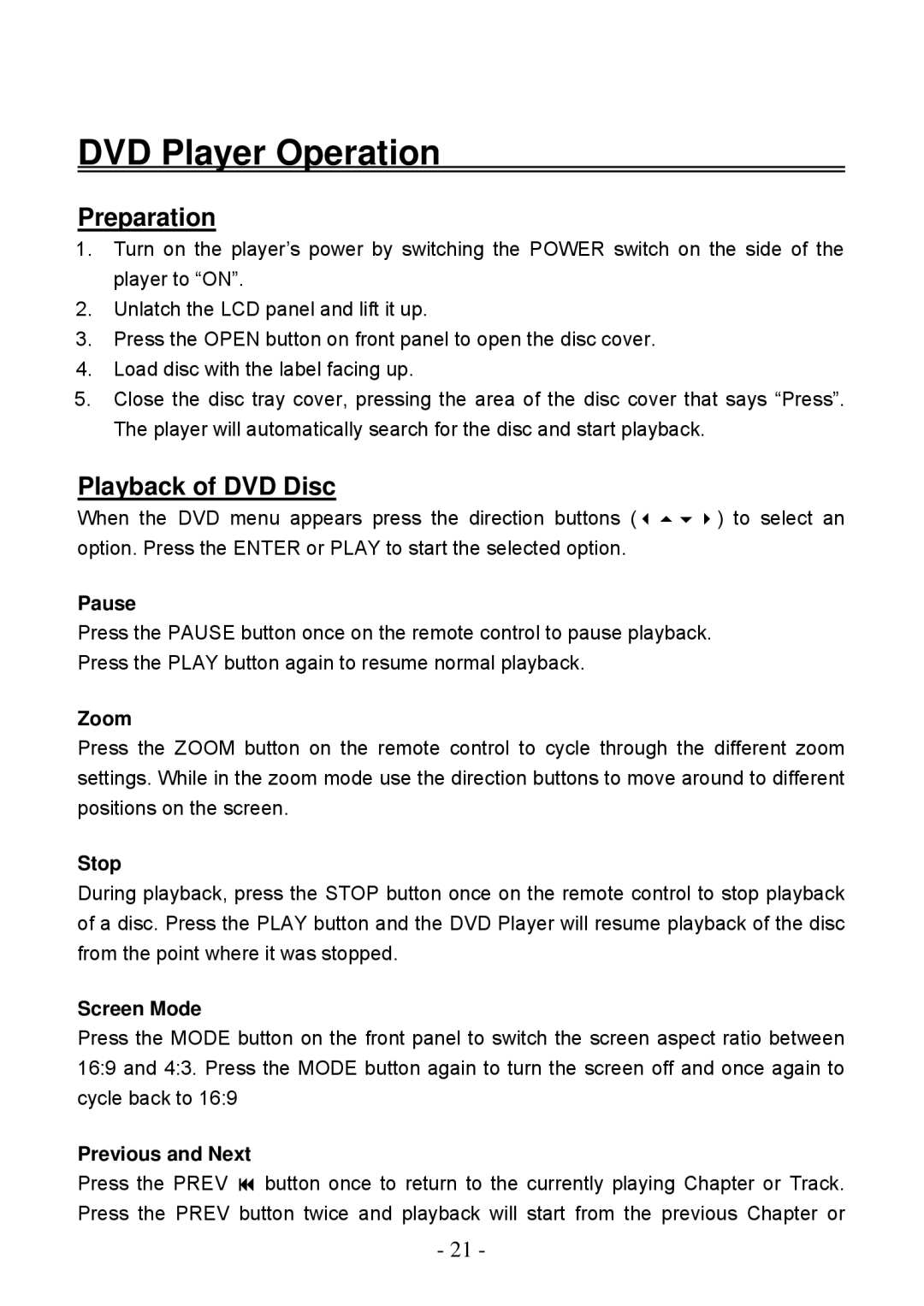 Audiovox D2011 owner manual DVD Player Operation, Preparation, Playback of DVD Disc 