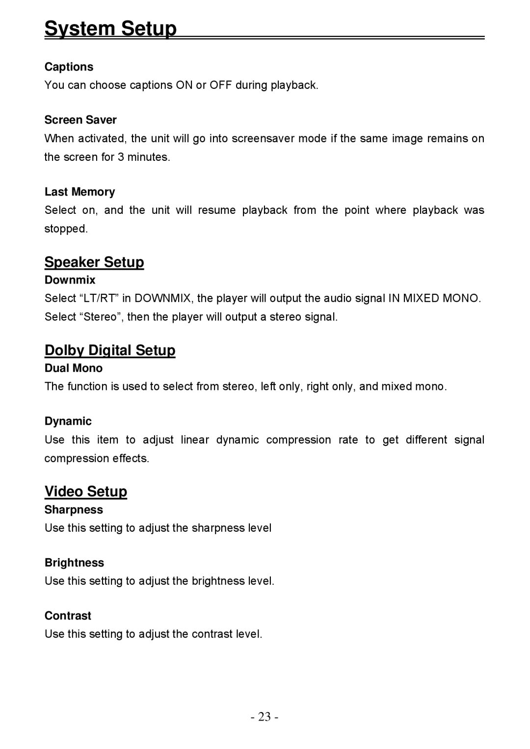 Audiovox D2011 owner manual Speaker Setup, Dolby Digital Setup, Video Setup 