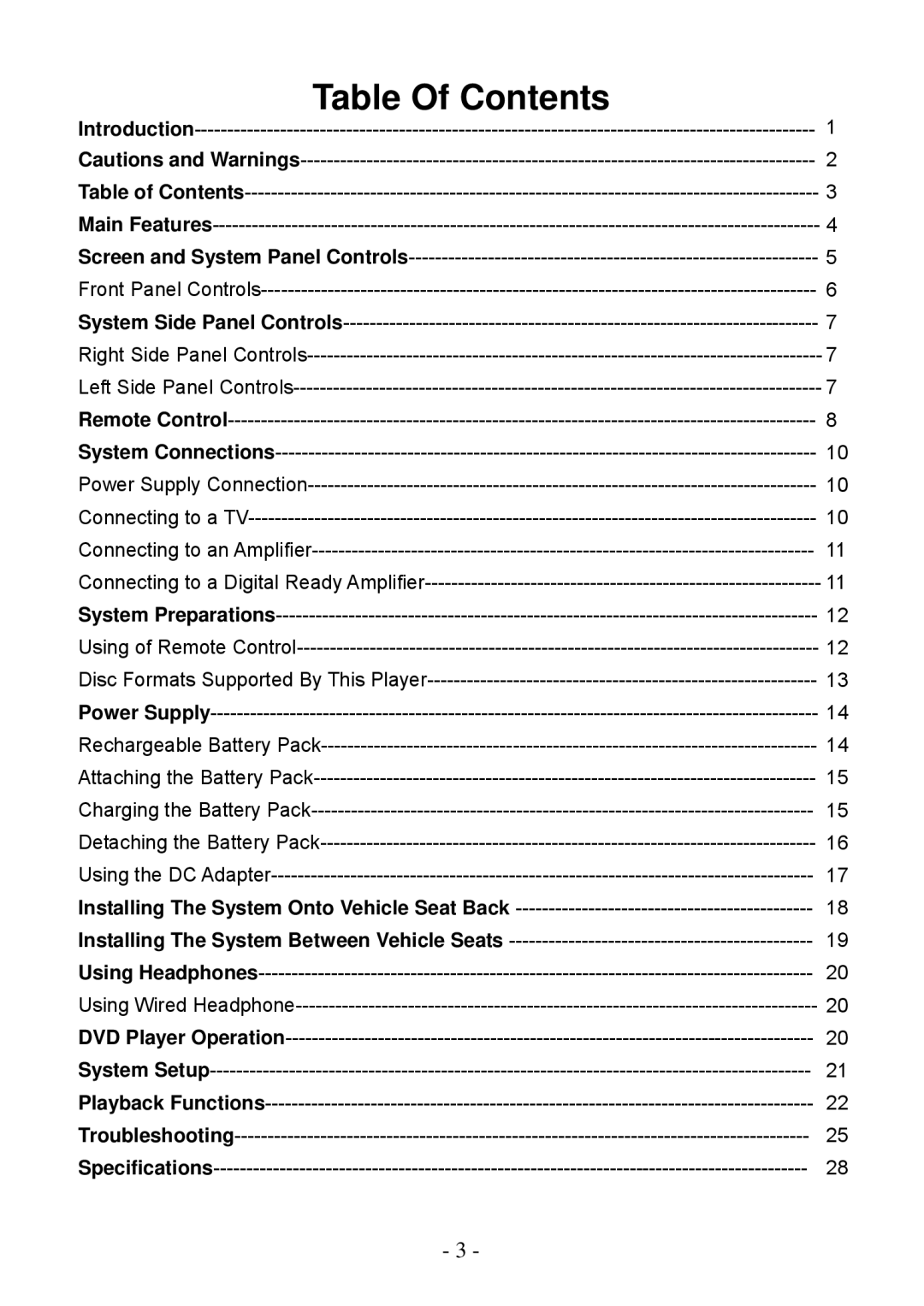 Audiovox D2011 owner manual Table Of Contents 