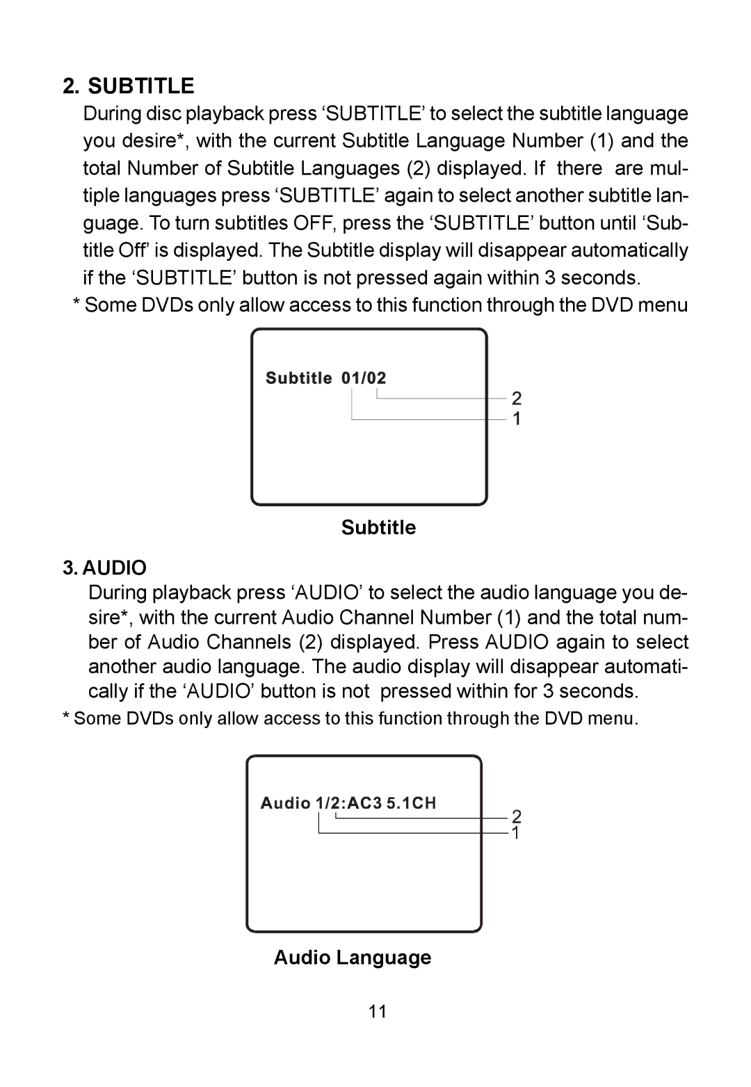 Audiovox D2016 manual Subtitle, Audio Language 