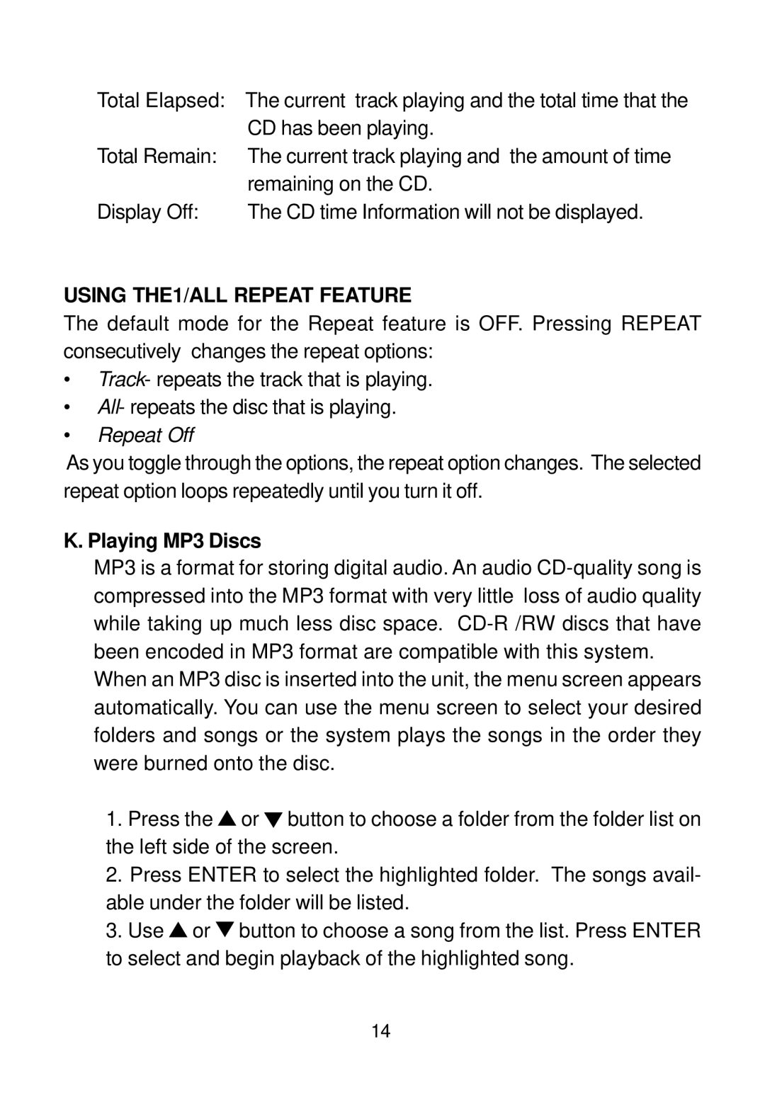 Audiovox D2016 manual Using THE1/ALL Repeat Feature, Playing MP3 Discs 