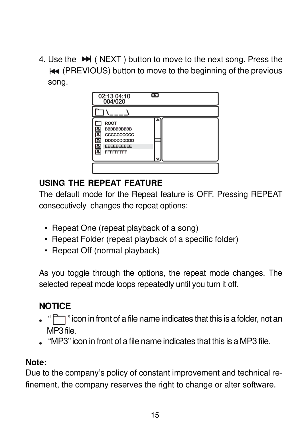 Audiovox D2016 manual Using the Repeat Feature 