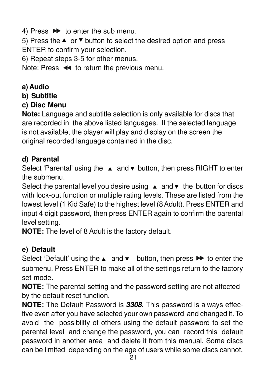 Audiovox D2016 manual Audio Subtitle Disc Menu Parental, Default 