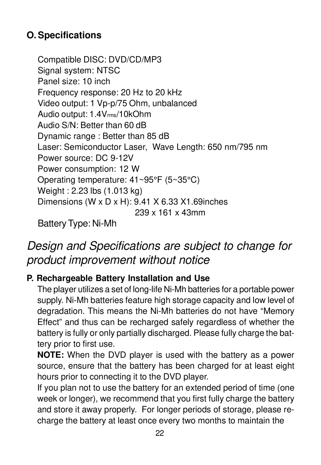 Audiovox D2016 manual Specifications, Rechargeable Battery Installation and Use 