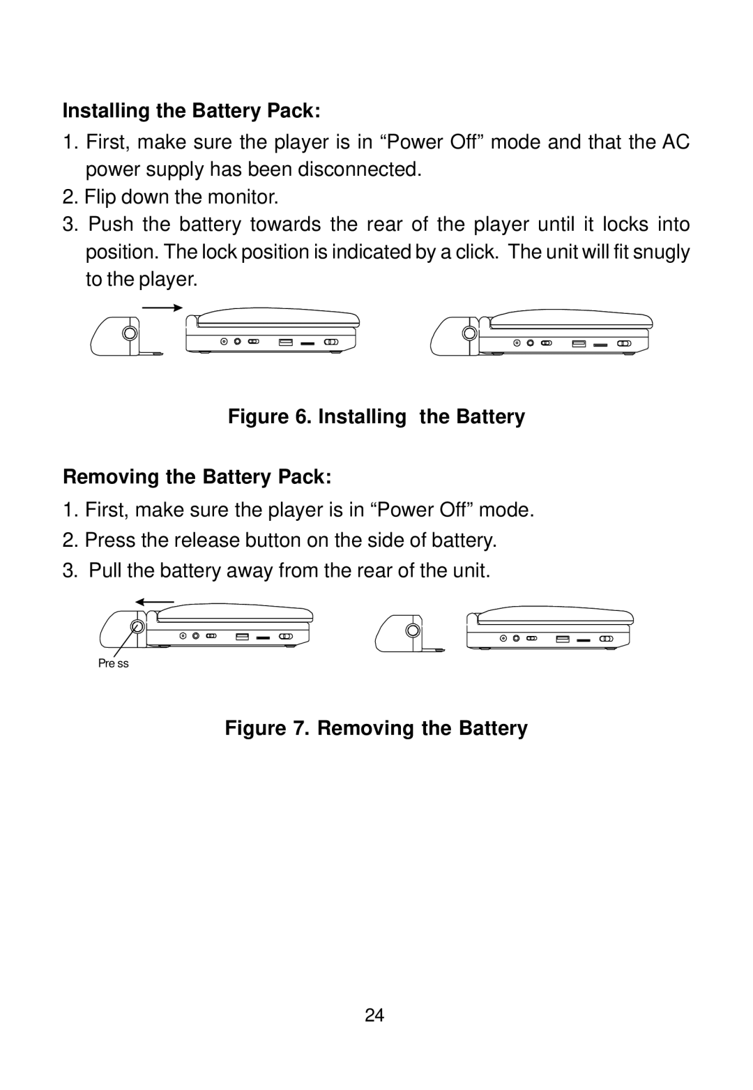 Audiovox D2016 manual Installing the Battery Pack, Installing the Battery Removing the Battery Pack 