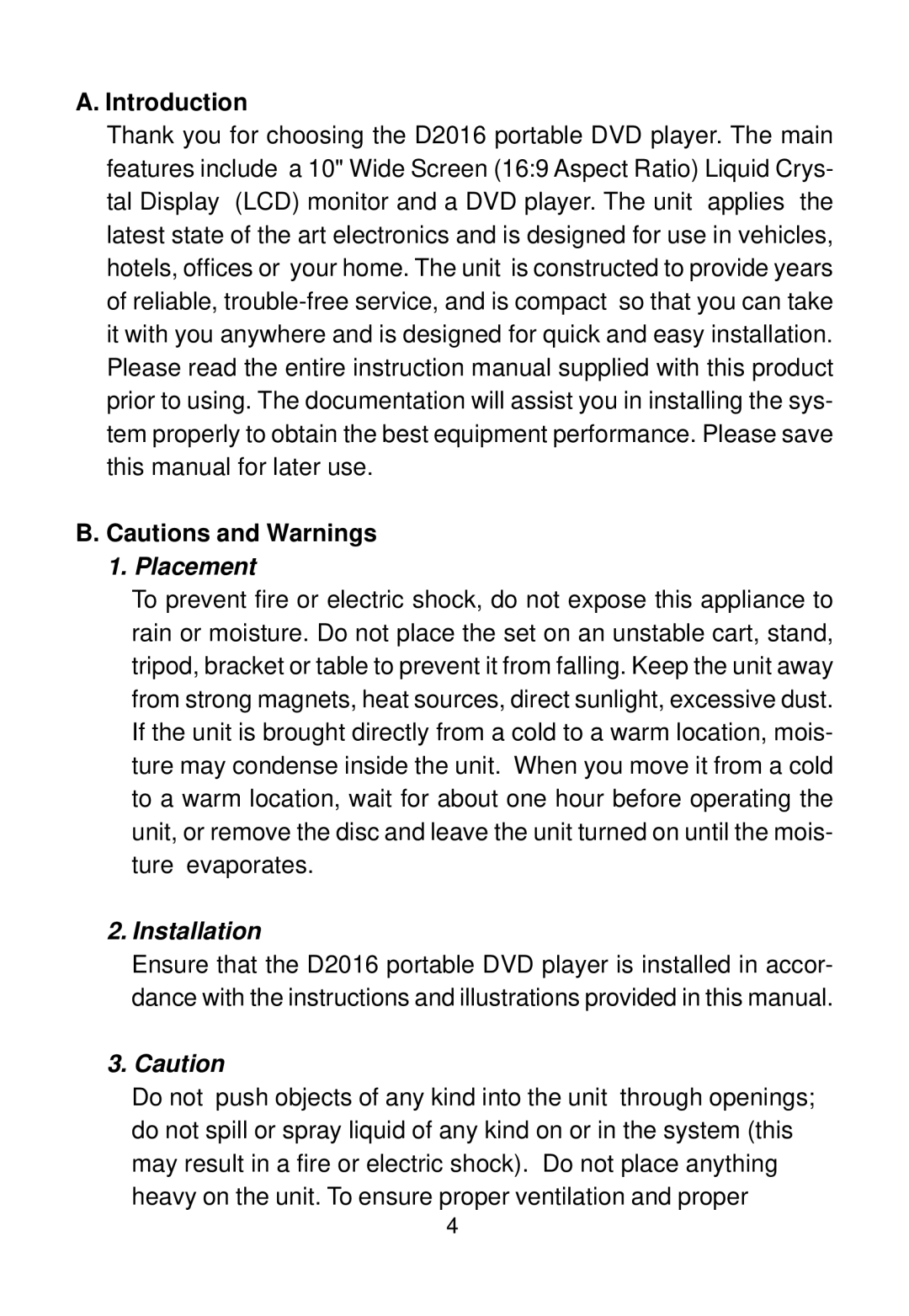 Audiovox D2016 manual Introduction, Placement 