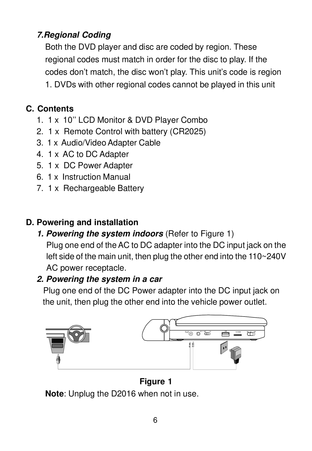 Audiovox D2016 manual Contents, Powering and installation 