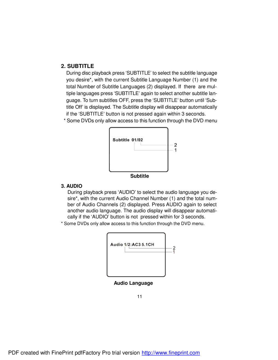 Audiovox D2017 manual Subtitle, Audio Language 