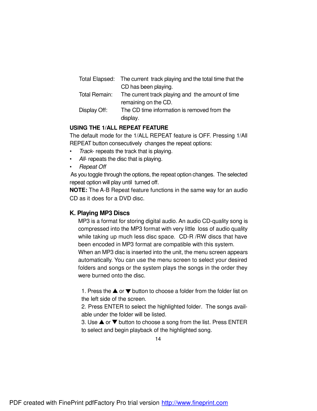 Audiovox D2017 manual Playing MP3 Discs, Using the 1/ALL Repeat Feature 