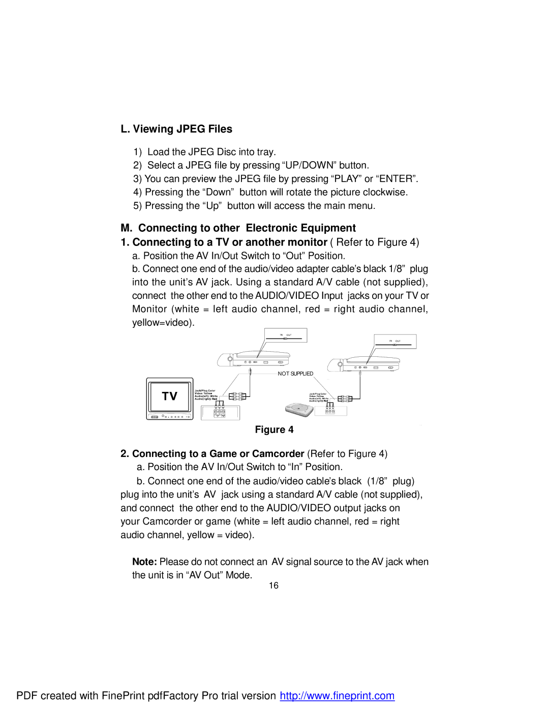 Audiovox D2017 manual Viewing Jpeg Files, Connecting to a Game or Camcorder Refer to Figure 