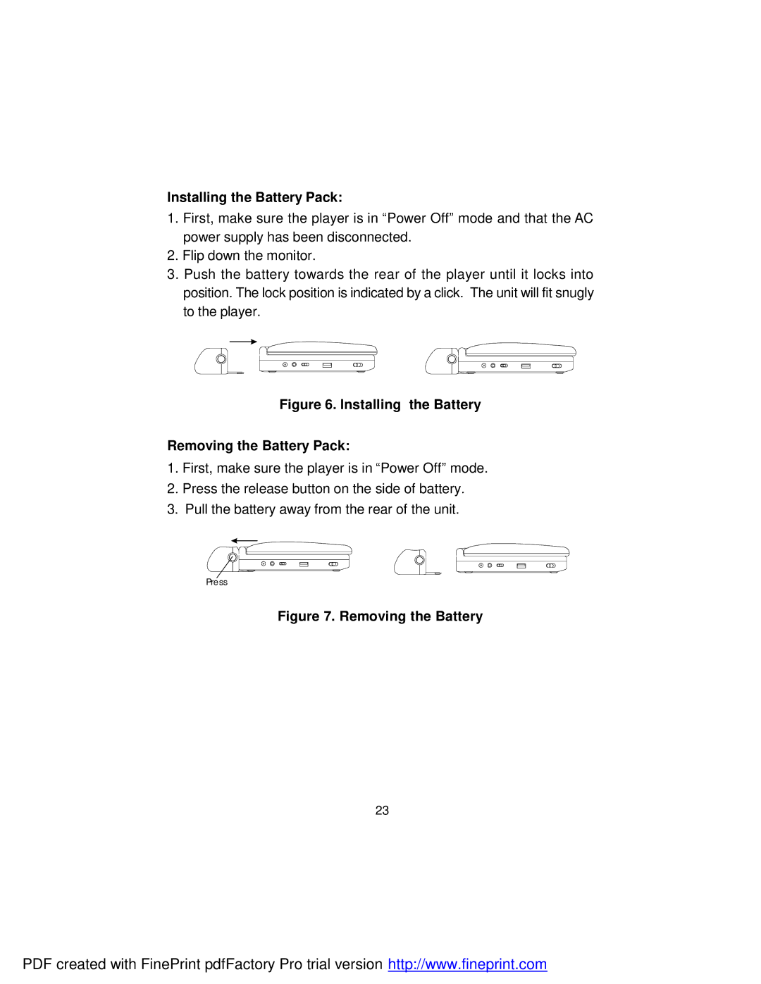 Audiovox D2017 manual Installing the Battery Pack, Installing the Battery Removing the Battery Pack 